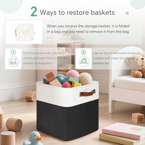 FinishingBo Cube Storage Baskets 6 Pack, 11x11 inch Cube Storage Bins with Leather Handles for Shelf Closet (White/ Black) - color: White/ Black