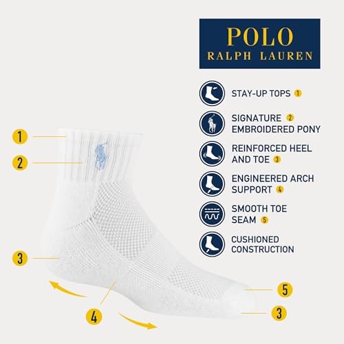 POLO RALPH LAUREN Girls' Athletic Performance Soft Cushioned Comfort Ankle Socks (6-Pack)