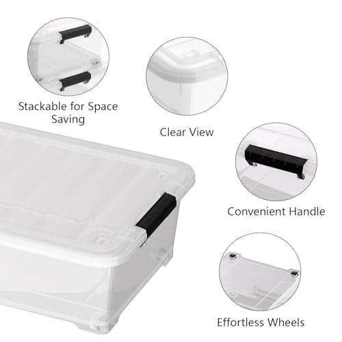 20 Quart Plastic Under Bed Storage Containers, Latching Storage Boxes with Wheels, Clear Under Bed Storage Bins, 4 Pack - size: 20 Quart