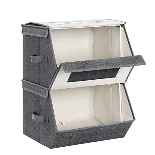 SONGMICS Stackable Storage Bins Set of 2, Storage Boxes with Lids and Front Windows, Non-Woven Fabric Closet Organizers with Magnetic Closures, Side Handles, Dark Gray URPLB02G - color: Dark Gray