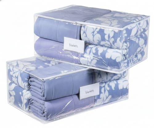 Masirs Clear Blanket Storage Bag (2-Pack) - Vinyl Clothing Organizers with Zipper & Label Pocket - Protects from Dust, Moisture & Dirt - Ideal for Underbed Storage Sheets, Comforters & Bedding - size: Blanket Storage Bag