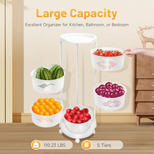 Multi-Layer Vegetable Rotating Basket Rack, Fruit Snack Storage Kitchen Organizer, White Storage Cart, Fruit Basket for Kitchen with 5 Lockable Casters, Vegetable Rack (5 Tiers) - size: 5 Tiers