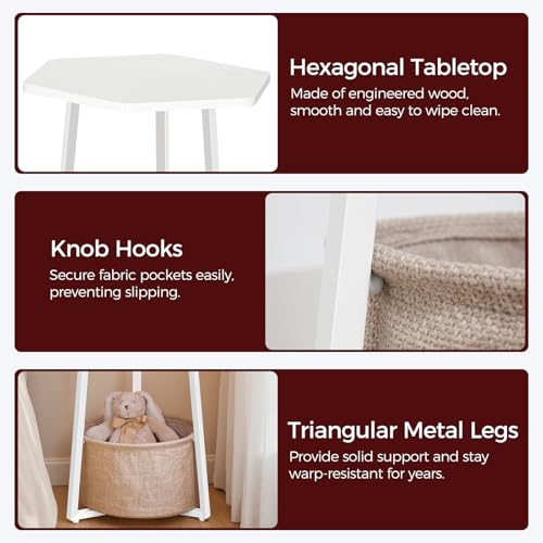 MAHANCRIS Small Side Table, Round End Table with Storage Basket, Modern Nightstand for Small Space, Hexagonal Bedside Table, Couch Side Table for Living Room, Bedroom, White ETWT9901