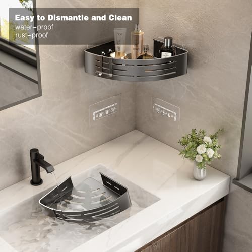 Voldra 2 Pack Corner Shower Shelves, Aluminum Stick On Showers Organizer, Modern Style, Triangular Corner Shelf, No Drilling Required - style: Adhesive Strip Triangle-2 Pack