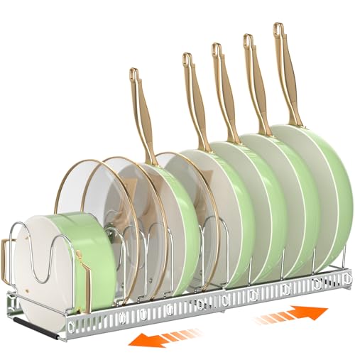 MUDEELA Pots and Pans Organizer Rack for under Cabinet, Expandable Pot Lid Kitchen Cabinet Organizer Holder with 10 Adjustable Compartment Cutting Board Organizer for Pan Lid Cookie Sheet Rack, Silver - style: 10 Dividers-Silver