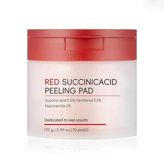 Facial Peeling Pads with Succinic Acid, Niacinamide, AHA, BHA, Panthenol for Breakout-Prone Skin, Red (70p, Succinic Acid)