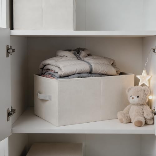 3 Pack Linen Storage Baskets with Handle,Large Foldable Closet Storage Bins for Shelves, Toys, Sheets, Clothes Organization,18"×11"×8",Beige
