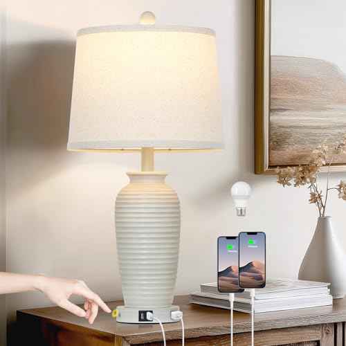 25" Vintage Farmhouse Jar Table Lamps, Single Rustic Bedside Lamp with USB A+C Ports & AC Outlet, Nightstand Lamps for Living Room, Bedroom, End Table, Cream(LED Bulb Included)