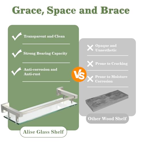 Alise Glass Shelves for Bathroom Wall, Tempered Glass Bathroom Shelf Wall Mounted, Modern Space Saving Floating Shelves 12 inch, Brushed Nickel - color: Brushed Nickel, size: 12 inch