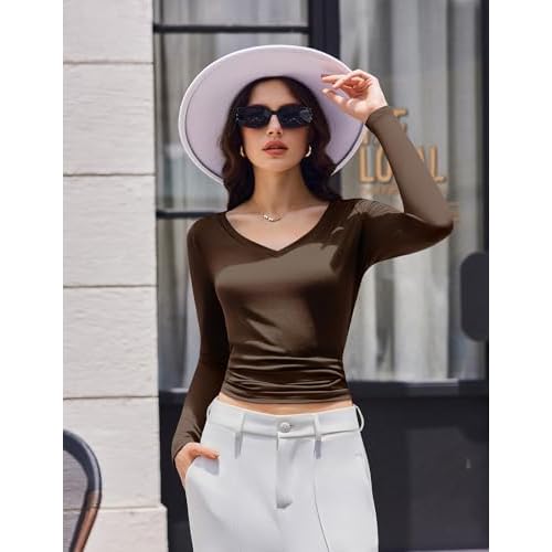 Ekouaer Womens 3 Pack Long Sleeve Shirts V Neck Ribbed Slim Fit Basic Tops Thermal Undershirts Casual Tee XS-XXL