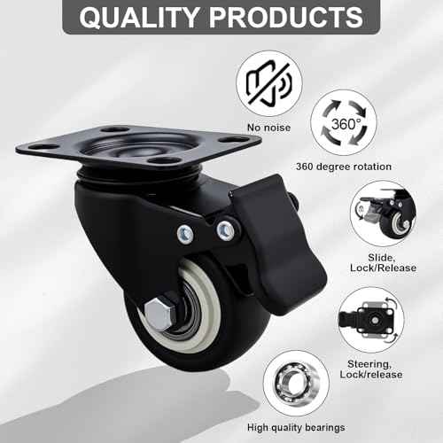 2 Inch Caster Wheels Set of 20 Heavy Duty Casters,with Brake,No Noise Locking Polyurethane (PU) Wheels, for Furniture and Workbench Load 800lbs