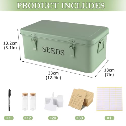 Seed Storage Organizer, 4 Compartment Seed Storage Box with Safety Lock, Metal Seed Box Seed Packet Container with 1 Pen, 12 Slots, 20 Plant Labels & 30 Seed Envelopes, Green Gardening Gift - color: Green Box with Slots