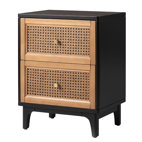 COZAYH Set of 2 Fully-Assembled 2-Drawer Woven Cane Front Accent Nightstand with Brass Knobs, Black - color: Black, style: 2 Drawer/2 pack