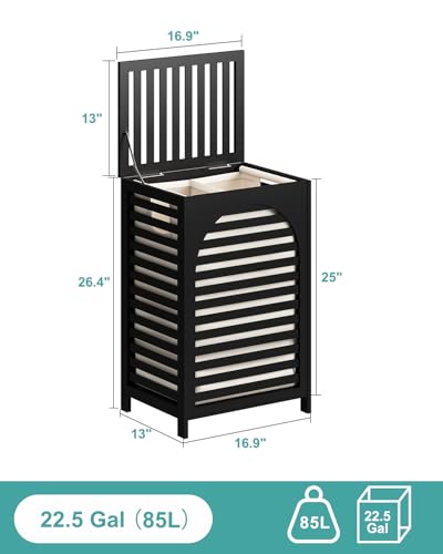 Laundry Hamper, 22.5 Gallon (85L) Bamboo Wood Clothes Laundry Basket with Lid and Handles, Removable Liner (Black, Large) - color: Black, size: Large