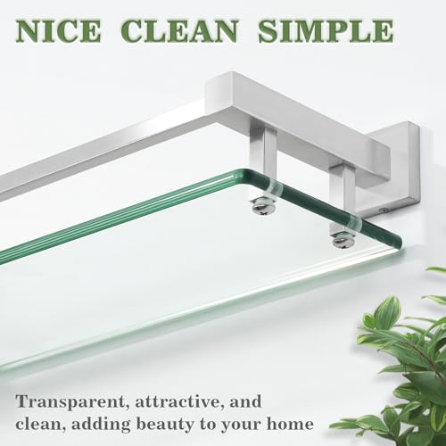 Alise Glass Bathroom Shelves Wall Mounted, 24 Inch Tempered Floating Shelves Bathroom, Stainless Steel Bathroom Glass Shelf - color: Brushed Nickel, size: 24 Inch