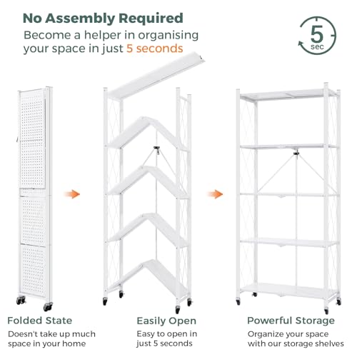 DEANIC 70.7" Tall Extra Large 5-Tier Folding Storage Shelf with Wheels, No Assembly Collapsible Metal Rack with Leveling Feet for Garage, Pantry, Basement, Vendor Display, Kitchen(White,1 Pack) - color: White