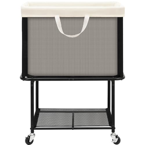 STO STO Rolling Laundry Hamper with Lockable Wheels, 29-Gallon (110L) Laundry Cart with Removable Canvas Bag, 2-Tier Clothes Basket Hamper with Shelf for Closet, Bedroom, Bathroom, Laundry Room