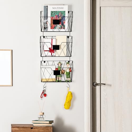 OYEAL Hanging Wall File Organizer, 6 Pockets Wall File Holder, Metal Mail Organizer Wall Mounted with Hooks for Papers, Folders, Office Magazine Rack, Black