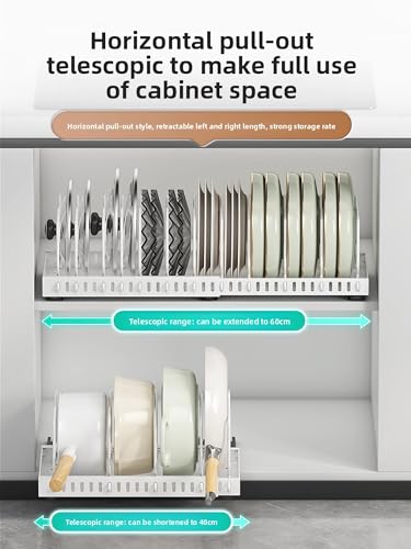 pots and pans organizer under cabinet,pot lid organizers inside cabinet holders for kitchen,Horizontal and vertical pulling modes,Can be extended and adjusted (White horizontal pull-out) - size: White horizontal pull-out