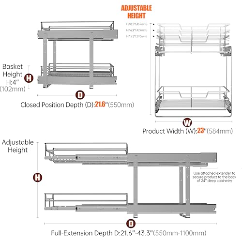 JOWBOOW (23" W x 22" D Cabinet Pull Out Shelves, 2-Tier | Heavy Duty Kitchen Pull Out Shelves for Wide Cabinets, 22 Inch Deep Sliding Cabinet Organizer - size: 23 x 22 Inch