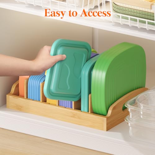 Lifewit Bamboo Lid Organizers for Inside Cabinet, Food Storage Container Lid Holder with 5 adjustable Inserts & 6 Sections, Kitchen Pantry organizer and storage, Large, 13.2" x 10"/34 x 25cm - size: Large(13.2" x 10")