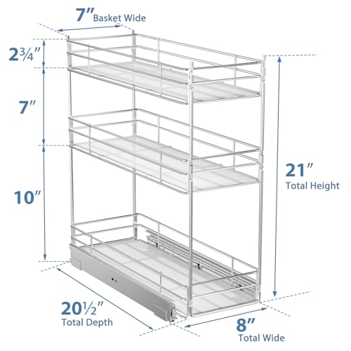 ROOMTEC Pull Out Spice Rack for Narrow Cabinet (8" W X 20½" D),3 Tier Heavy Duty Sliding Spice Cabinet Organization Shelf Racks, Pull Out Shelves Under Cabinet Storage for Kitchen - size: 8" W x 20½" D, 3 Tier, Heavy Duty