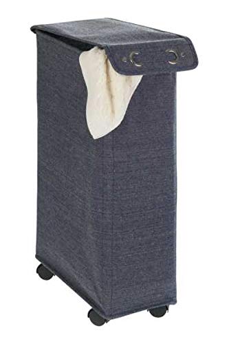 WENKO Slim Laundry Basket with Wheels, Thin Laundry Hamper, Rolling Laundry Bin with Lid, Space Saving Narrow Laundry Hamper for dirty Clothes Storage, 23.6 x 15.8 x 7.3 in, Blue - color: Blue Denim
