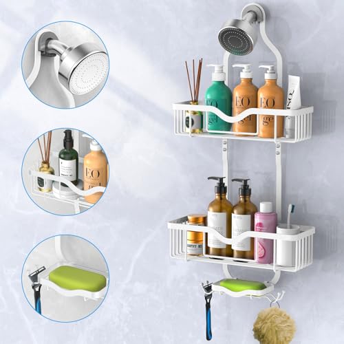 Kadolina Shower Caddy Hanging, Bathroom Shower Rack, Bathroom Organizer with Soap Dish, Over The Showerhead Caddy with Hooks for Razor/Sponge, Soft White (Assembly Required) - color: Soft White