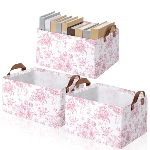 Boao 3 Pcs Pink Floral Foldable Storage Baskets Pink Hydrangea Laundry Basket with Handles Waterproof Storage Bins Fabric Shelf Baskets for Organizing Closet Clothes - style: Pink Flowers