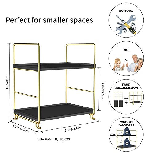 2-Tier Spice Rack Bathroom Organizer Countertop Storage Shelf, Cosmetic Storage Rack Standing Counter Shelf (Gold + Black) - color: Black + Gold