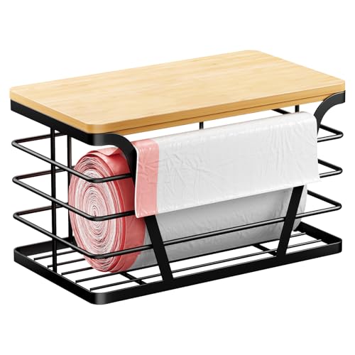 TIDIIABODE Small Grocery Bag Holder, Trash bag holder with Removable Bamboo Top, Wall Mount, No Drill, Stainless Steel, Black - color: 1-Pack-S-Black