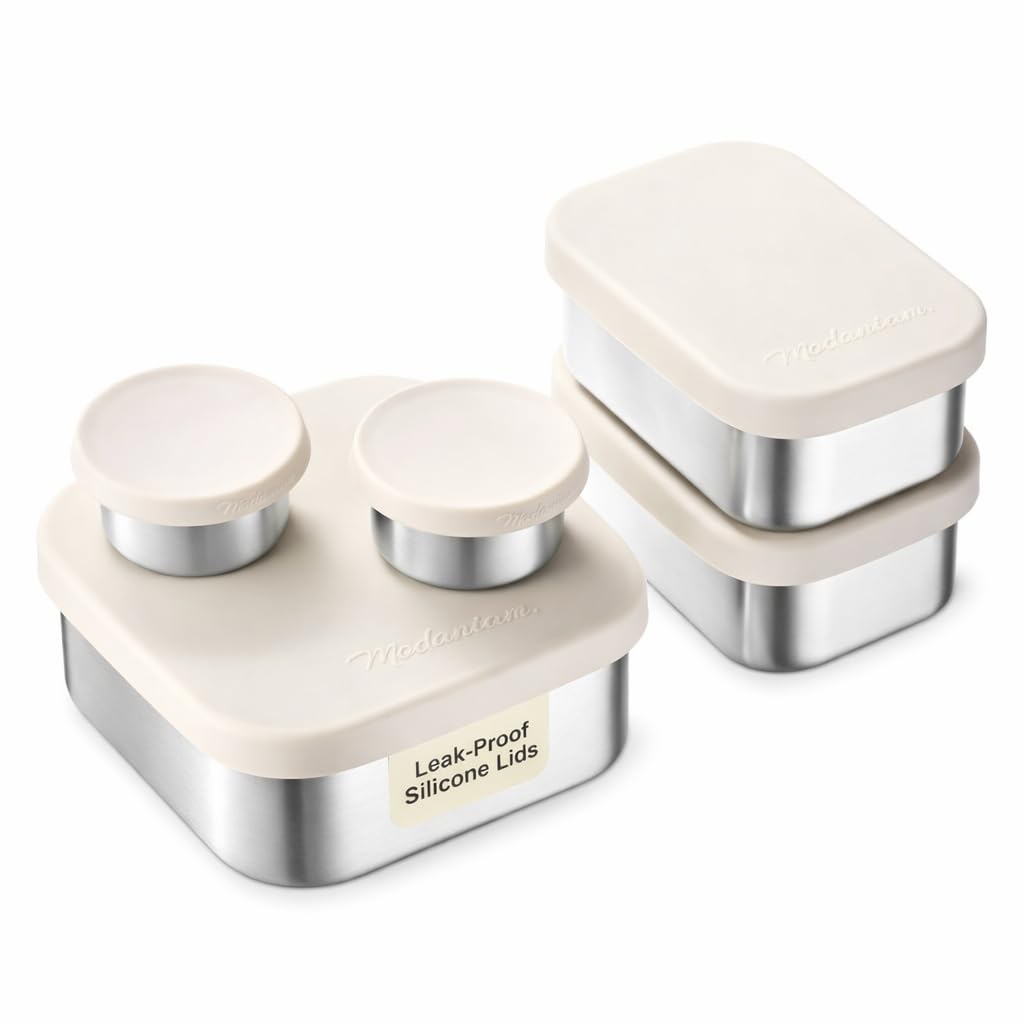 Modaniam Stainless Steel Lunch Box Containers, 27 OZ + 9 OZ Set, Stainless Steel Bento Box, Metal Lunch Box, Sandwich & Snack Containers, Leak Proof SIlicone Lids,Small Vanilla - 1 * 27OZ + 2 * 9 OZ