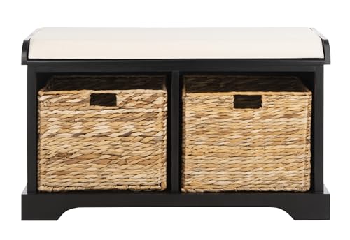 SAFAVIEH Home Collection – Freddy Black Storage Bench with Wicker Baskets & Cushion, Entryway Seating Bench, Fully Assembled (AMH5736B) - color: Black