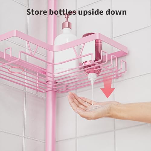 KEGII Shower Caddy Tension Pole, 4-Tier Rustproof Adjustable Corner Bathroom Organizer for Renters, 25–114.2 Inch No Drill Space-Saving Shower Storage Rack, Pink - style: Tension Caddy（Pink）