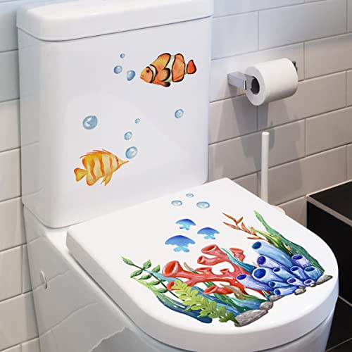 A Washroom Room WC Toilet Seat Stickers Sea and Seaweed Cartoon Underwater World Ocean Pattern 3D View PVC Wall Stickers Decor Decals Art Mural
