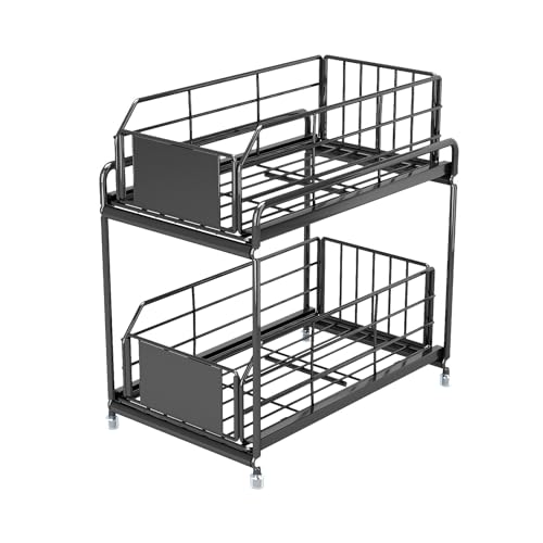 Under Sink Kitchen Storage Organizer, 2 Tier Sliding Cabinet Basket with Pull-Out Drawer, foldable Metal Under Sink Organizers for Bathroom, Pantry, Countertop, Rustproof Multi-Purpose Storage Bins