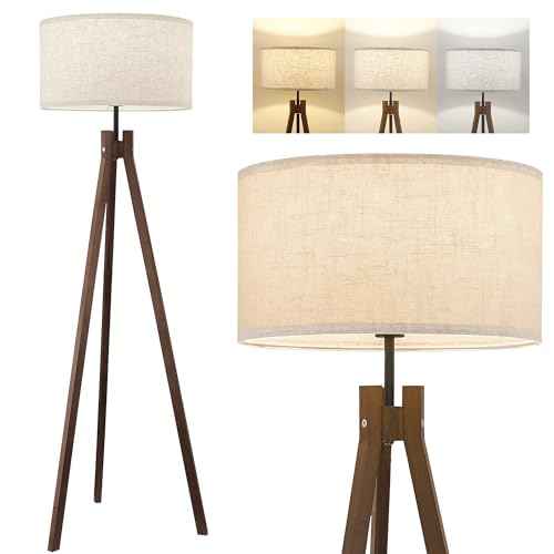 ELYONA Wood Tripod Floor Lamp, Mid Century Reading Standing Lamp with 3 Color Temperatures & Linen Shade, Modern Night Light for Bedroom, Farmhouse, Living Room, Office, 9W LED Bulb Included, Brown