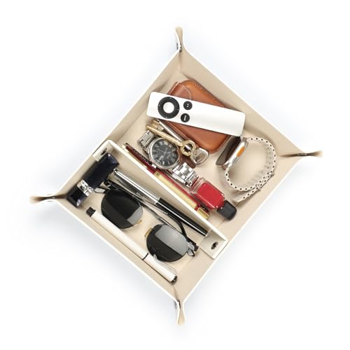 Londo Leather Tray Organizer - Practical Lightweight Water Resistant Computer Table Desk Storage Box for Wallets, Watches, Keys, Coins, Cell Phones and Office Equipment - color: White
