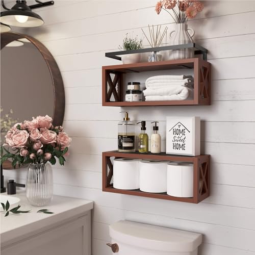 RICHER HOUSE Floating Wood Shelves with Guardrail, Rustic Brown, Wall Mounted, 2 Shelves, Farmhouse Style - color: Rustic Brown
