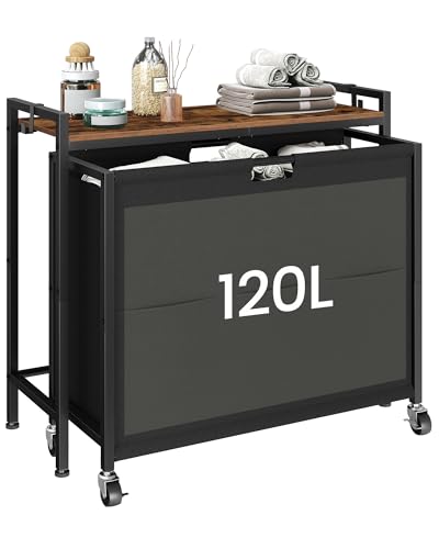 CHOEZON Laundry Sorter, Laundry Hamper with Storage Shelf, Mobile 2-in-1 Basket Organizer, 120 L Rolling Hamper, Large Bags and Movable Wheels, Metal Frame, Rustic Brown and Black TXY01BF