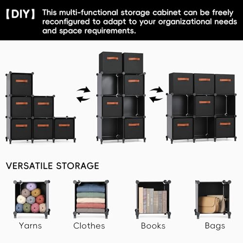 Cube Storage Organizer with Storage Bins, 6-Cube Shelves Units with 6 Organizer Bins, DIY Plastic Storage Shelves with Mallet, Closet Clothes Storage Shelves for Home, Bedroom, Living Room