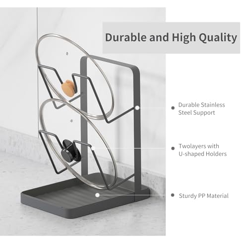 Kitchen Pot Lid Storage Rack,Stainless Steel Pot Lid Holder while Cooking,Multifunctional Kitchen Pot Lid Organizer for Countertop,Two-compartment Cooking Rack