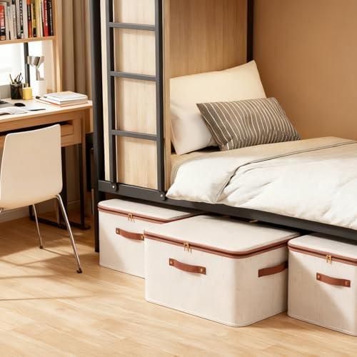 Tuza 3 Pcs Rigid Storage Bins with Zipper Lid, Cotton Linen Fabric Storage Boxes, Foldable Shelves Clothes Storage Cubes with Handles for Wardrobe, Closet(Beige, 25L) - size: L-25L