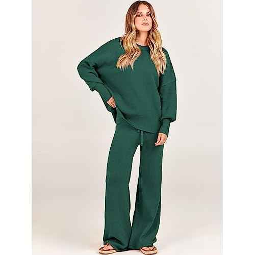 ANRABESS Womens 2 Piece Outfits Fall Lounge Set 2025 Oversized Chunky Knit Sweater Top Wide Leg Pants Loungewear Clothes