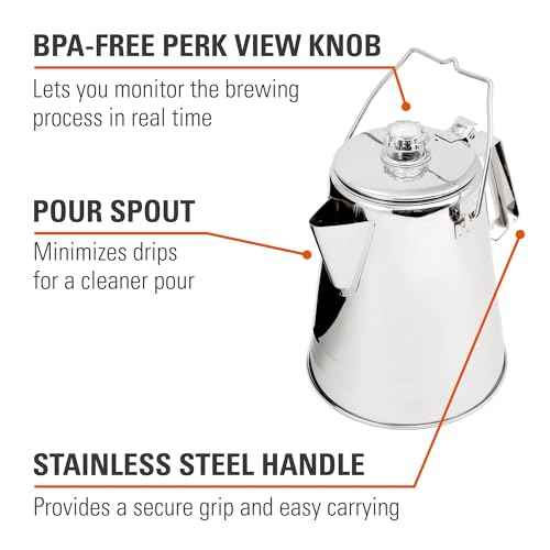 GSI Outdoors Percolator Coffee Pot I Glacier Stainless Steel Ultra-Rugged for Brewing Coffee Over Stove and Fire | Ideal for Group Camping, 14 Cup
