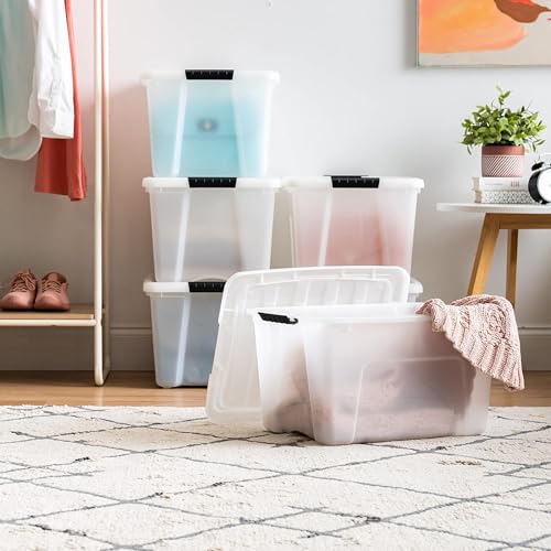 IRIS USA 40 Qt Stackable Plastic Storage Bins with Lids, 6 Pack - BPA-Free, Made in USA - Discreet Organizing Solution, Latches, Durable Nestable Containers, Secure Pull Handle - Pearl - size: 40 Qt, style: 6 Pack