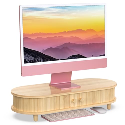 Bamboo Monitor Stand with Storage, Curved Computer Laptop Stand Desk Shelf Organizer with Sliding Doors (25 inch) - size: 25 inch