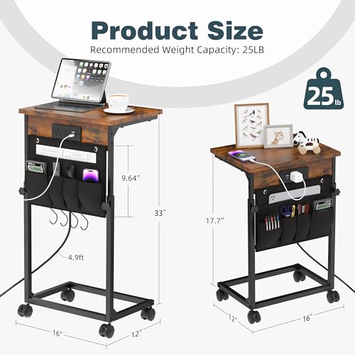 Adjustable Height Couch Table with USB-C Charging Station & Pocket Storage – Compact Couch Stand with Hooks & Wheels for Small Spaces & Living Room, Adjustable C Table (Rustic Brown)