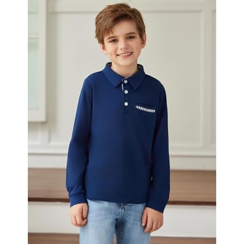 Arshiner Boy's Long Sleeve Plaid Trim Polo Shirt School Uniform Shirt with Pocket for 4-12 Years