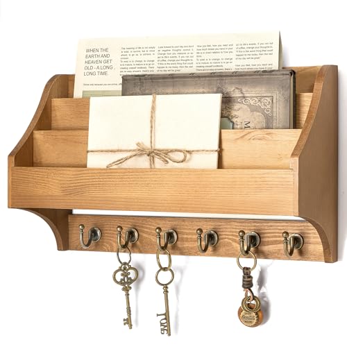 Rebee Vision Pine Wood Key Holder Wall Mount - Rustic 3-Tire Mail Holder for Wall with Sturdy Key Hooks - Multifunctional Key Holder on Wall for Home Office (Light Brown) - color: Yellow